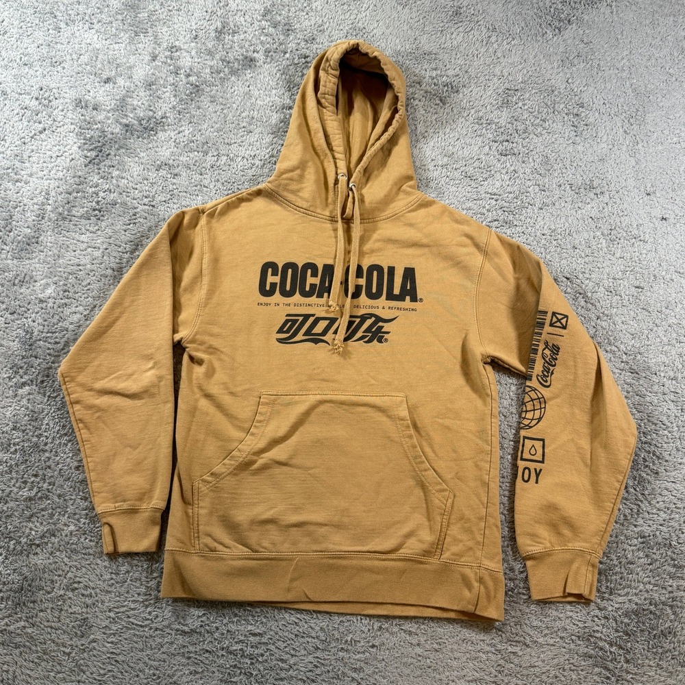 Coca-Cola Graphic Hoodie Small Tan Multi Language Logo Sleeve Print BC001882